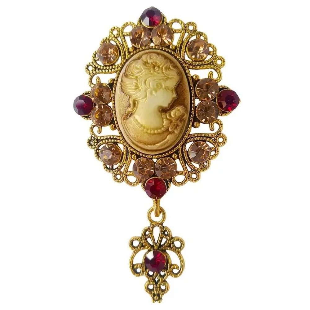 Cameo Brooch Classic Rhinestone Pin Dangle Antique Gold Glam Stylish Hollywood